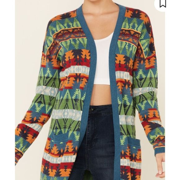 Tasha Polizzi Southwestern Print Cadet Blue Adobe Open Front Cardigan Sweater - Picture 5 of 11